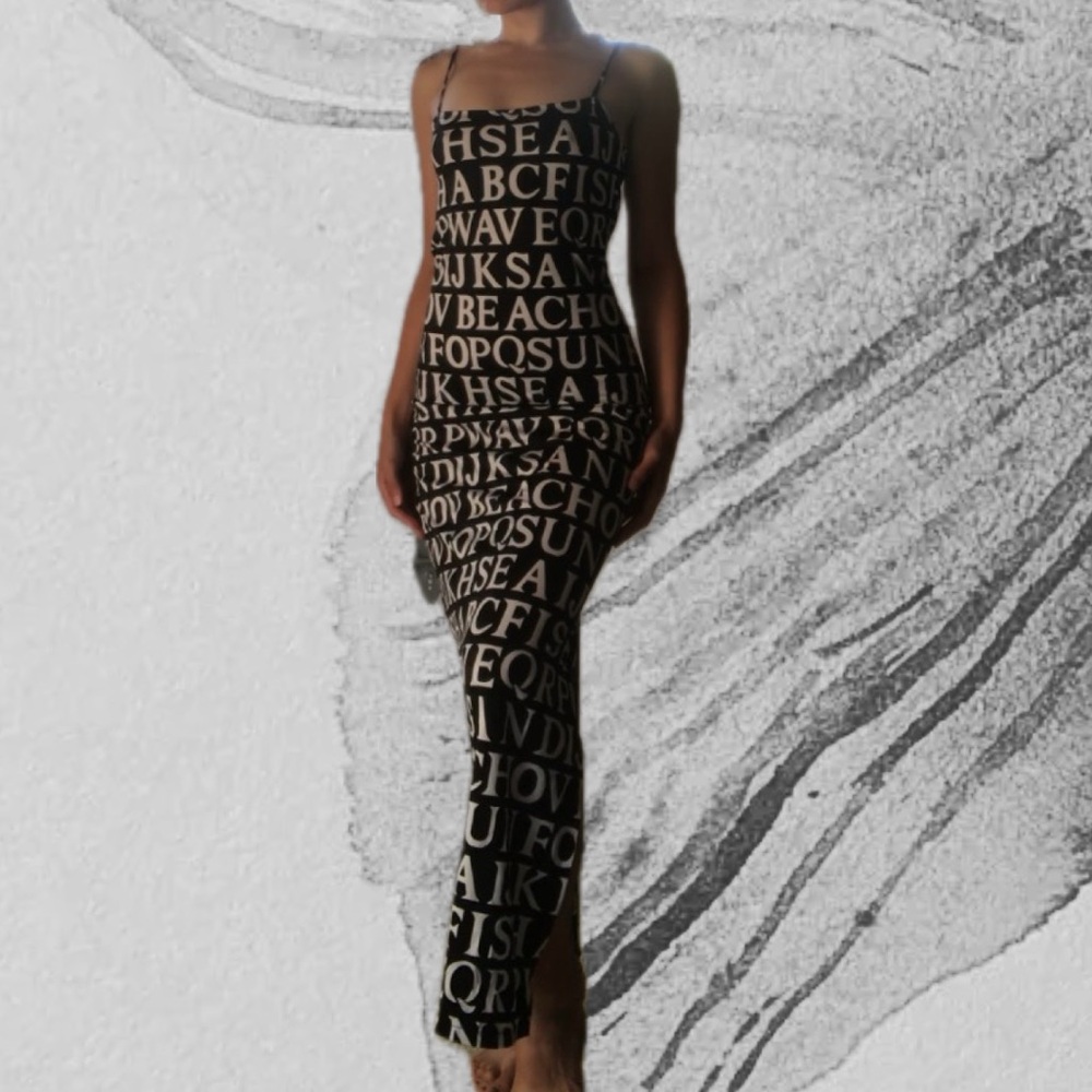 Tommy Tease 90's Slinky Black and White Letter Print Maxi Dress